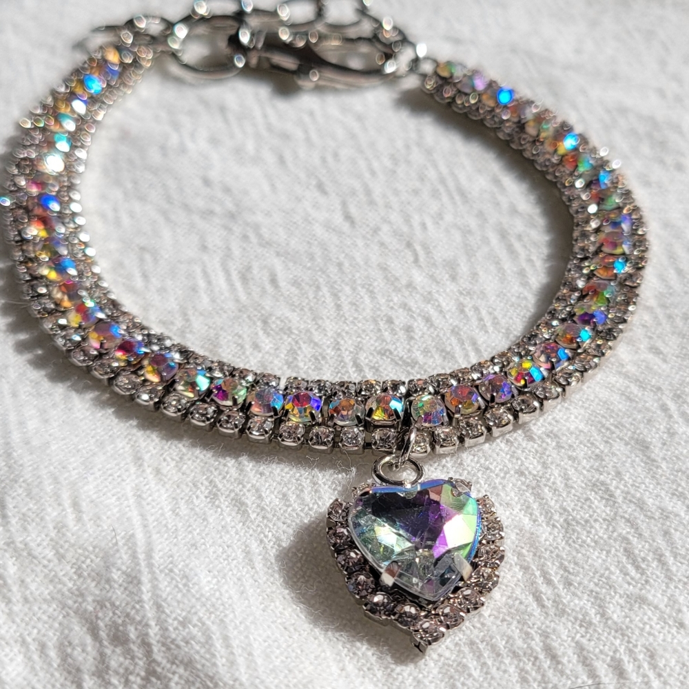 SMALL CAT/TOY DOG  Color Rhinestone Heart Pet Necklace
